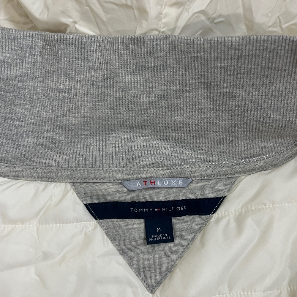 Tommy Hilfiger athluxe hooded fleece puffer hoodie zip jacket gray navy cream M - Picture 4 of 9